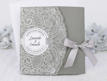 Invitación de boda barata elegante gris encaje 39231