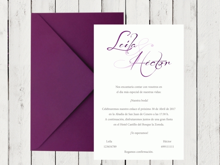 Comprar Invitaciones de boda clásicas con sobre morado Montaje No Color  Morado Tarjetas nº cuenta No Impresión Digital (+40 €)