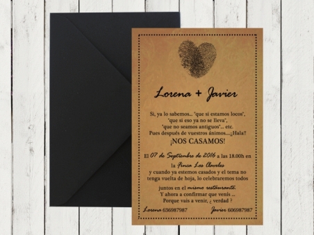 Invitación de boda brata original KRAFT HUELLAS DACTILARES