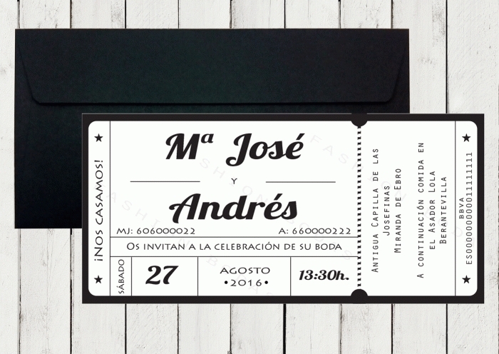 entusiasmo eficientemente el estudio Invitación de boda original Entrada al cine o Concierto Montaje No Color  Negro Tarjetas nº cuenta No Impresión Digital (+40 €)