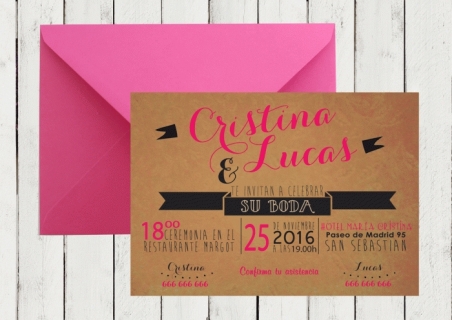 Invitación de boda  KRAFT moderna fucsia