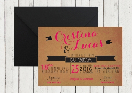 Invitación de boda  KRAFT moderna fucsia