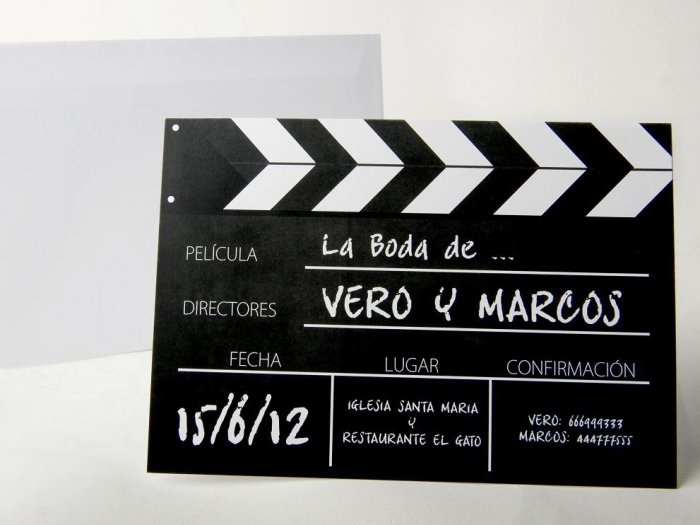 Invitación de boda CLAQUETA de cine, invitacion de boda original cine  Montaje No Color Negro Tarjetas nº cuenta No Impresión Digital (+40 €)