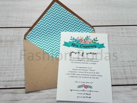 Invitación de boda CARTEL FLORAL CON FORRO CHEVRON agua marina