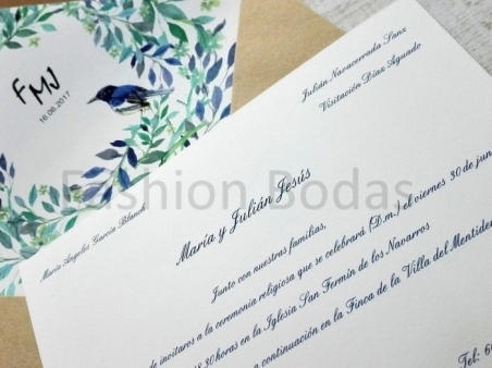 invitación de boda original azul y verde con PAJARITOS