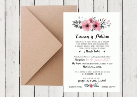 Invitación de boda original FLORES rosas y letras