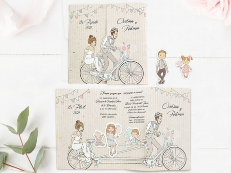 Invitación de boda con hijos PAPI Y MAMI EN BICI boda y bautizo