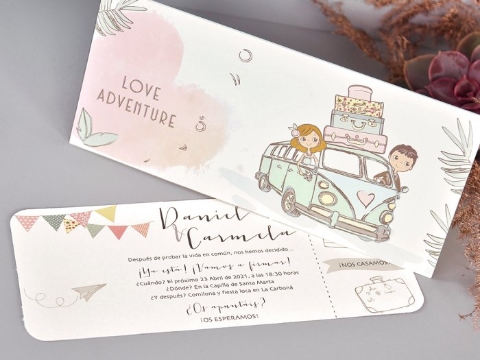 Invitación de boda NOVIOS VIAJE FURGONETA No Gris Tarjetas nº cuenta No Impresión Digital €)