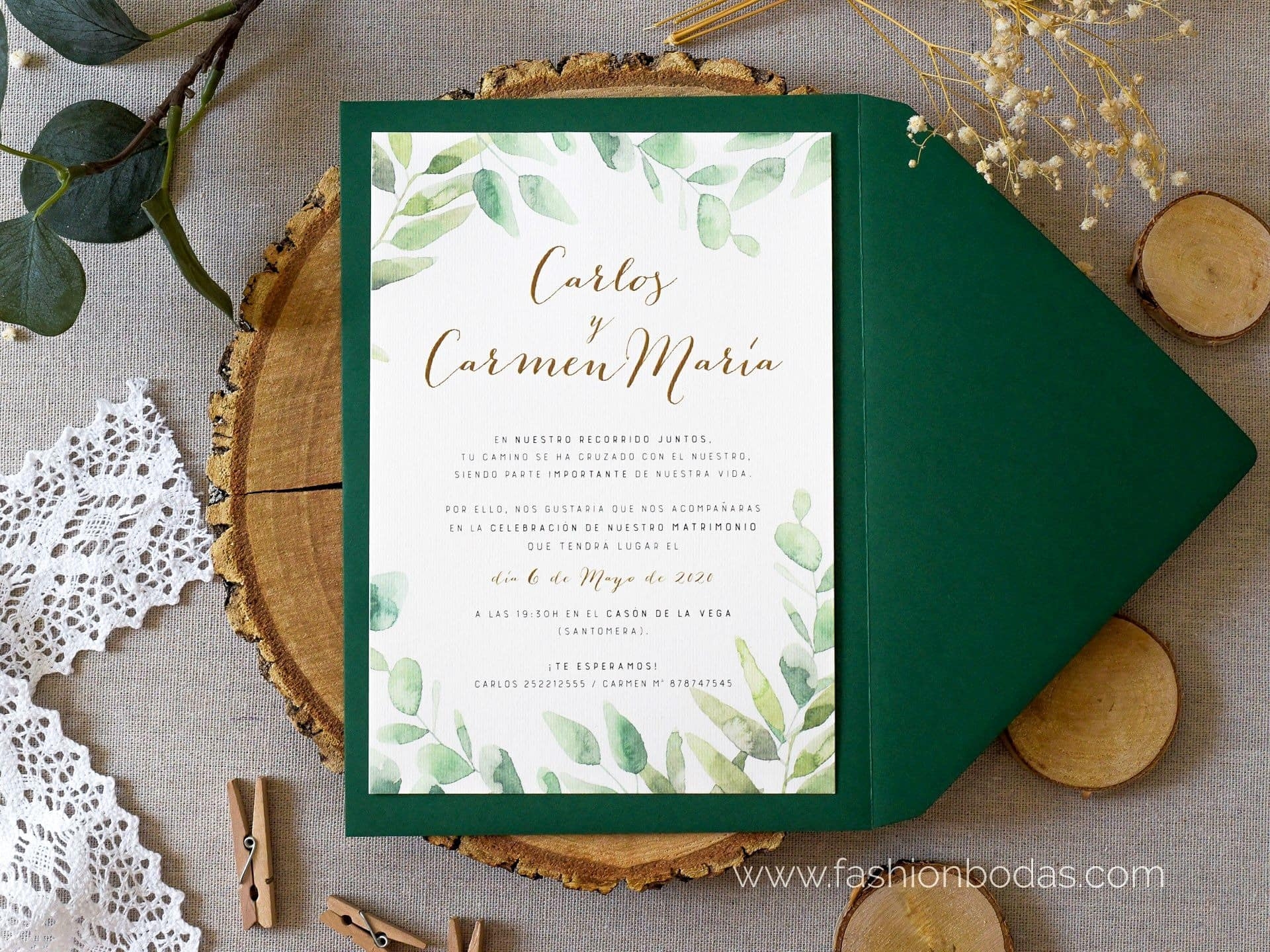 Invitaciones de boda clásicas y elegantes Color Verde Sobre forrado Sobre  sin forro (incluido en el precio) Tarjetas nº cuenta No Impresión Digital  (+40€)