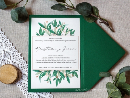 Invitaciones de boda botánicas con hojas verdes de olivo y letras bonitas