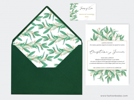 Invitaciones de boda botánicas con hojas verdes de olivo y letras bonitas