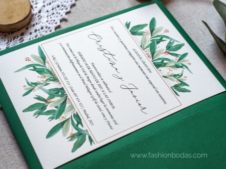 Invitaciones de boda botánicas con hojas verdes de olivo y letras bonitas