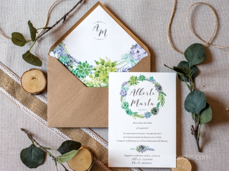 Invitaciones de boda Natural Corona con hojas verdes y motivos florales
