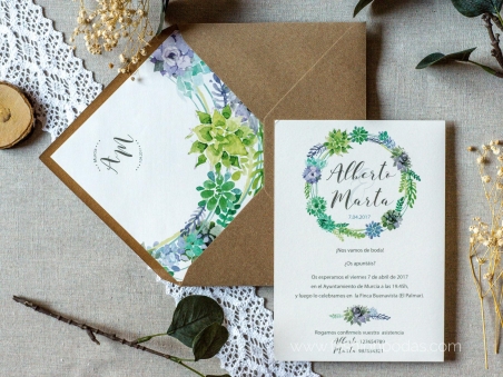 Invitaciones de boda Natural Corona con hojas verdes y motivos florales