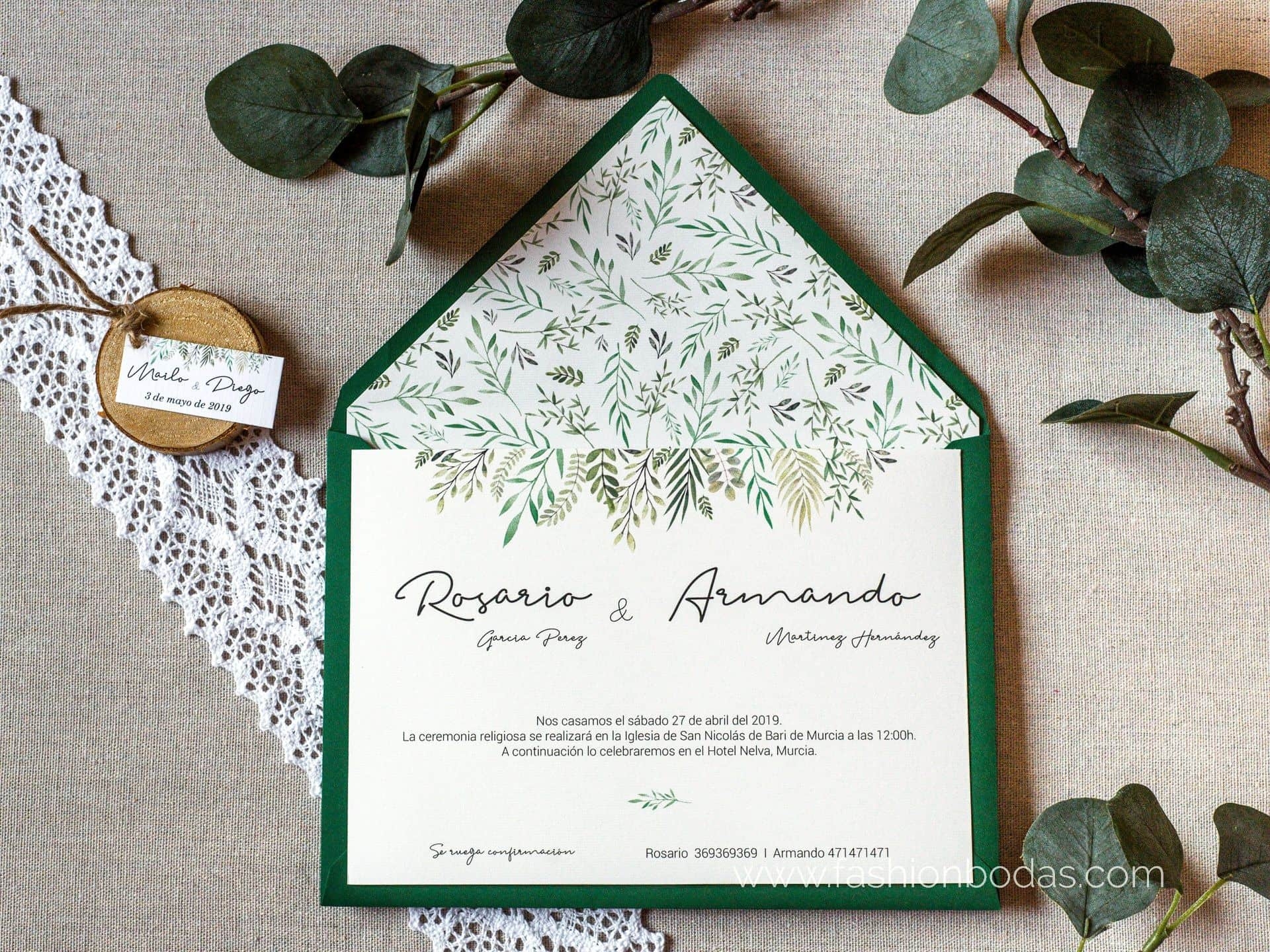 Invitación de original Natural con hojas verdes Color Verde Sobre forrado Sobre sin forro (incluido en el precio) Tarjetas nº cuenta No Impresión Digital (+40€)