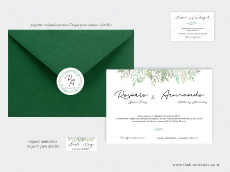 Invitación de boda Naturaleza con hojas verdes y tipografía escrita a mano