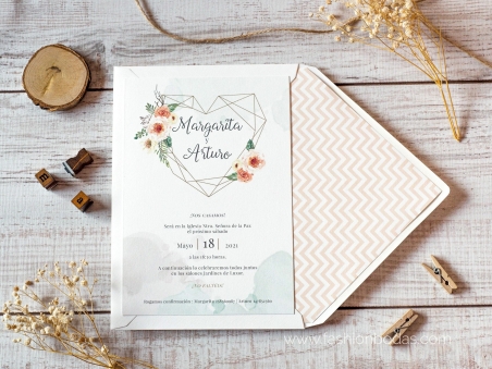 Invitaciones de boda modernas corazón geométrico con flores en colores salmón