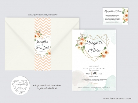 Invitaciones de boda modernas corazón geométrico con flores en colores salmón