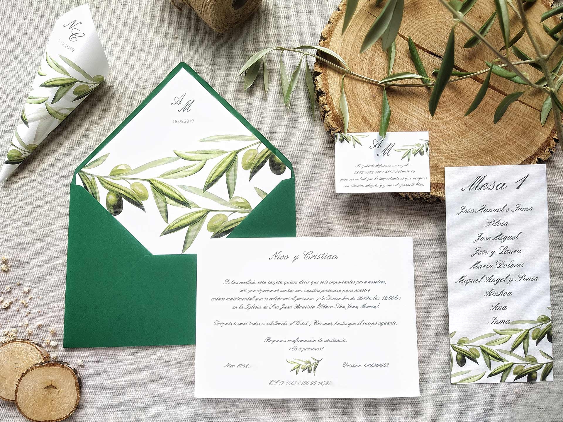 Invitación de boda clásica OLIVO Verde Sobre Sobre forro (incluido en el precio) Tarjetas nº cuenta No Impresión Digital (+40€)