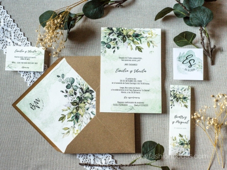 Invitaciones de boda con hojas verdes botánica acuarela