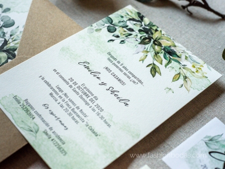 Invitaciones de boda con hojas verdes botánica acuarela