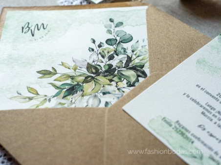 Invitaciones de boda con hojas verdes botánica acuarela