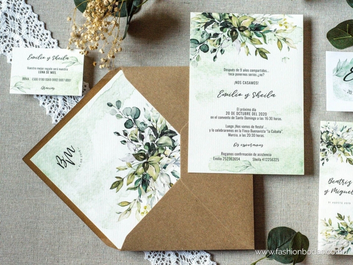 Comprar Invitaciones de boda BOTÁNICA ACUARELA Color Verde Sobre