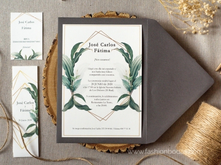 Invitaciones de boda original natural con hojas verdes , motivos geométricos y letras caligrafía modernas