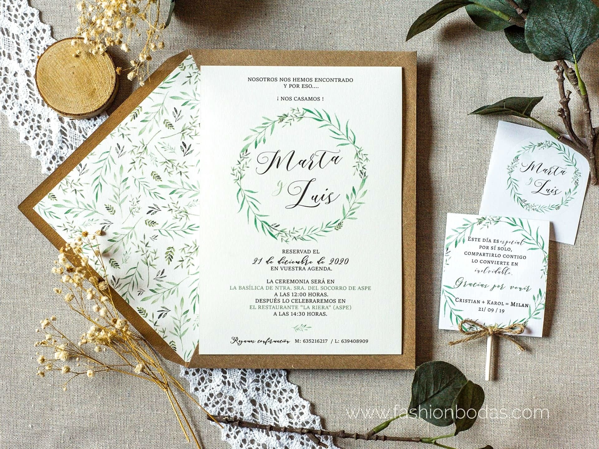 Invitación de boda NATURAL verde corona | Sencilla y Elegante Color Verde Sobre forrado Sobre sin forro (incluido en el precio) Tarjetas nº No Impresión (+40€)