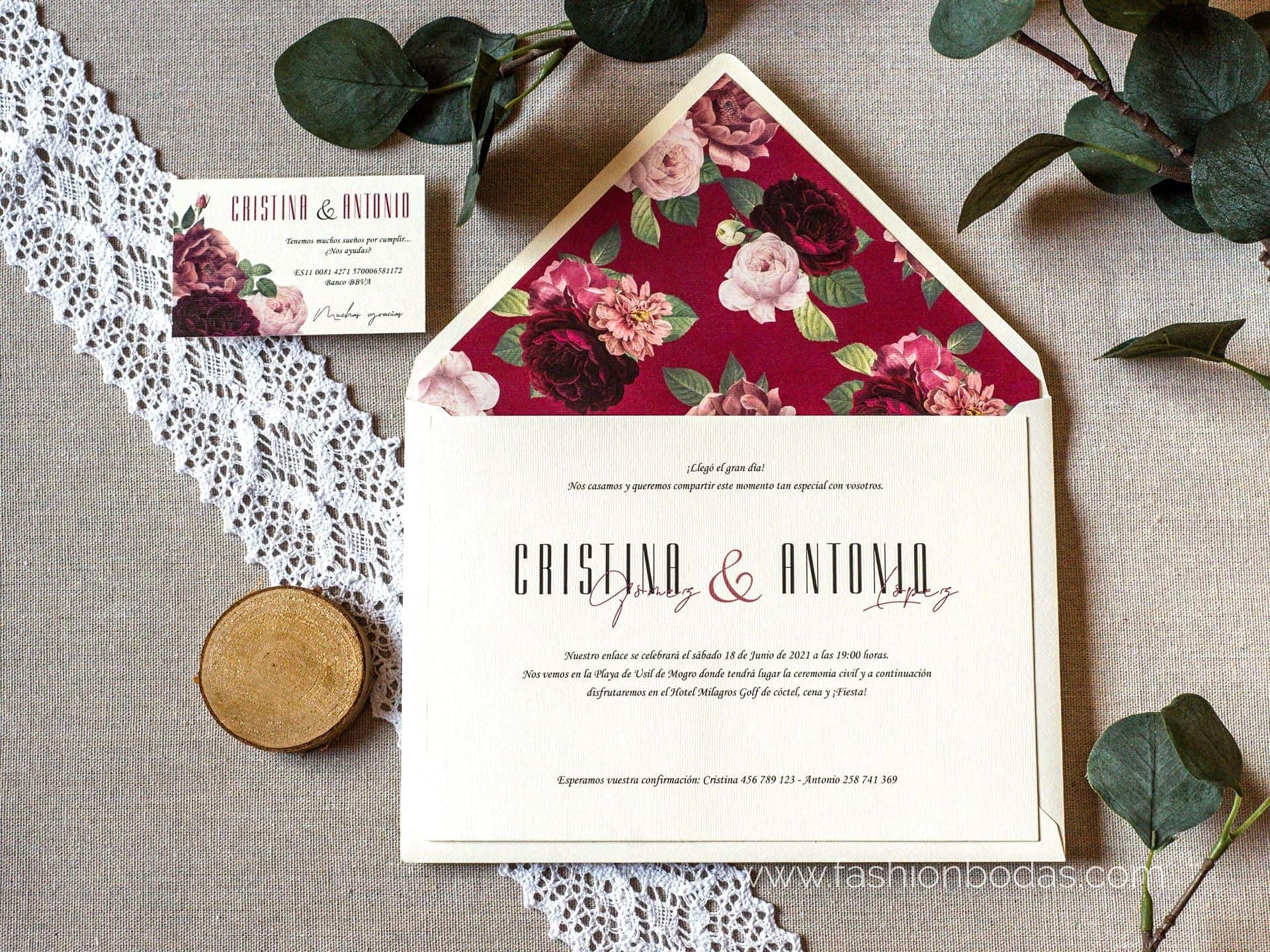 Invitación de boda - CLÁSICA GRANATE CON FLORES