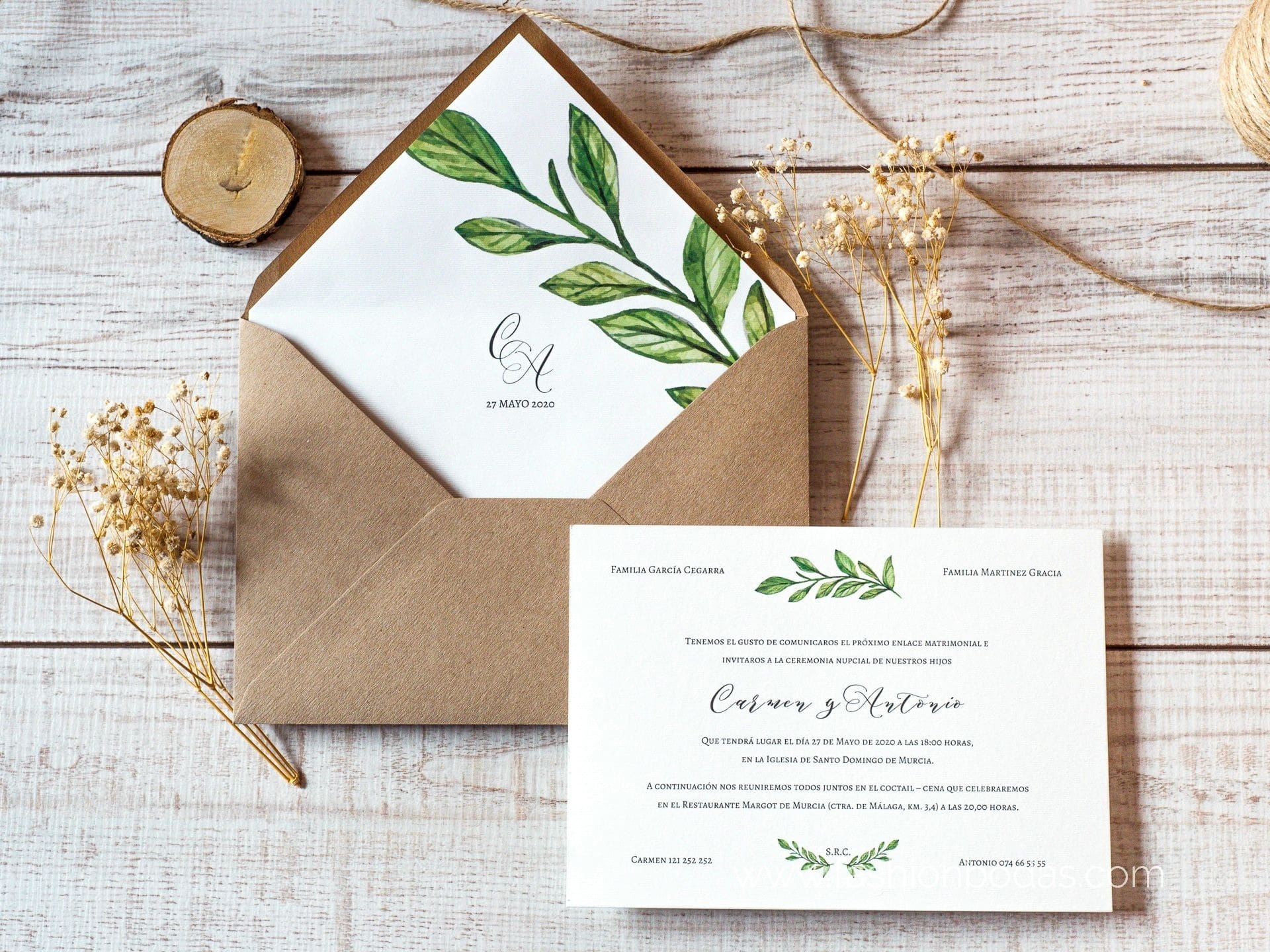 Invitaciones de boda clásicas y elegantes Color Verde Sobre forrado Sobre  sin forro (incluido en el precio) Tarjetas nº cuenta No Impresión Digital  (+40€)