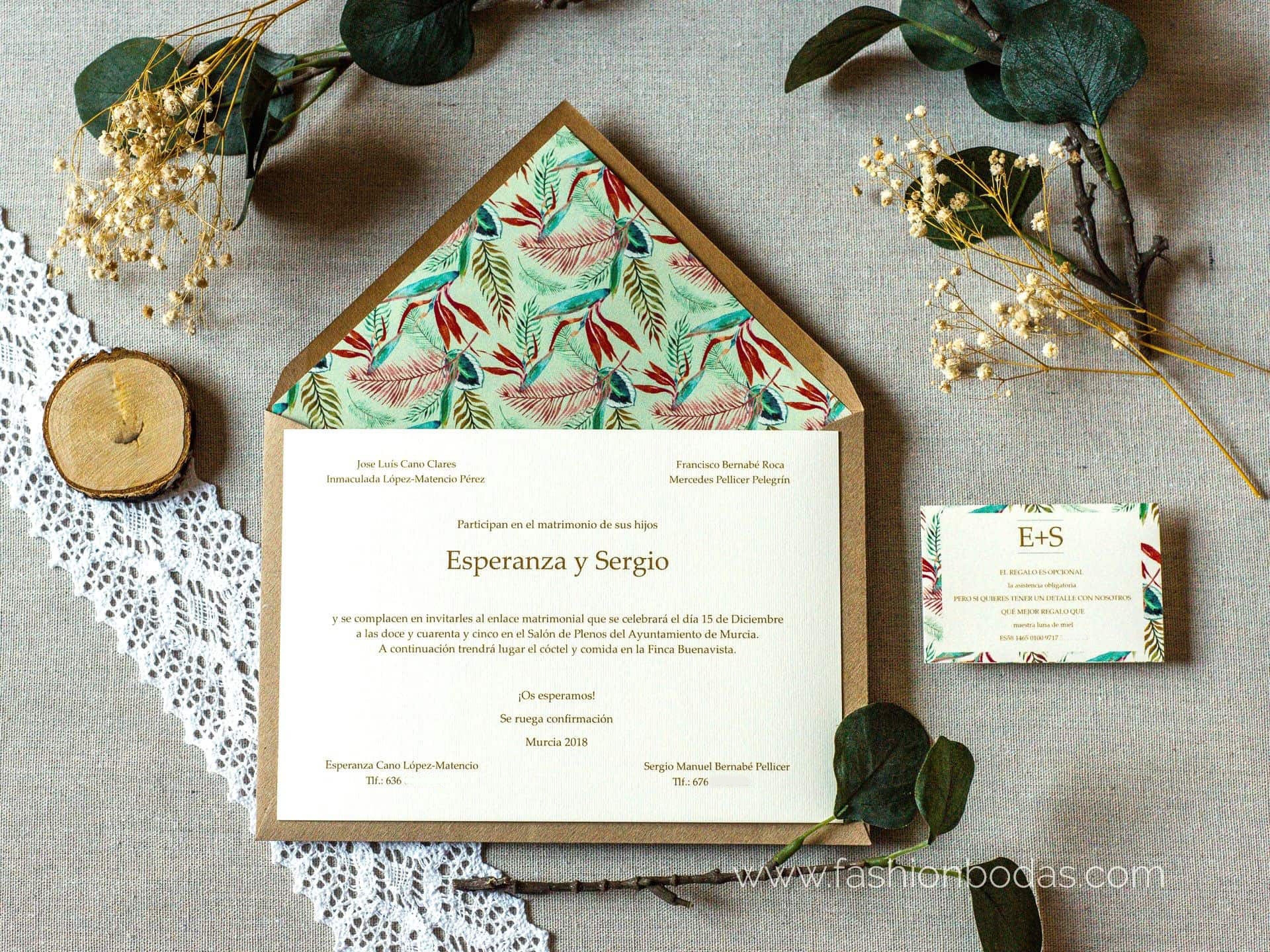 Invitaciones de boda clásicas y elegantes Color Verde Sobre forrado Sobre  sin forro (incluido en el precio) Tarjetas nº cuenta No Impresión Digital  (+40€)