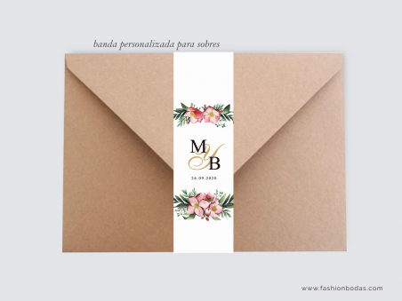 banda para sobre de invitaciones de boda decorada con motivos y flores, personalizada con nombres