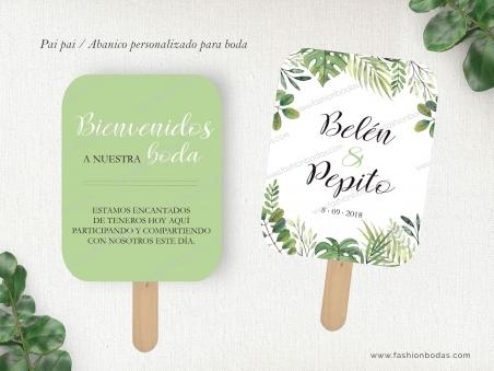 paipai abanico personalizado para boda hojas y ramas verdes y letras modernas