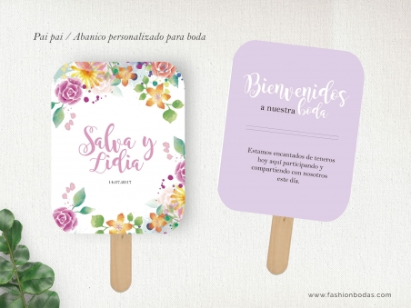 paipai abanico personalizado para boda con flores de colores y letras modernas