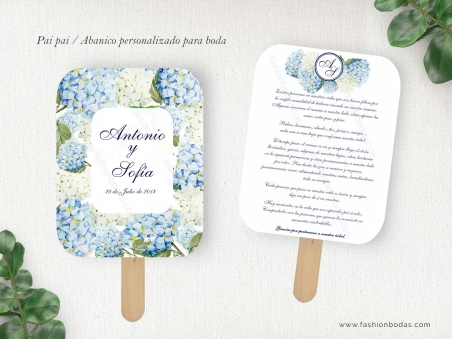 paipai abanico personalizado para boda con hortensias azules y letras clásicas