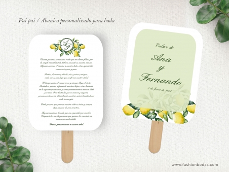 pai pai abanico personalizado para boda con limones, fondo imitando madera y letras clásicas