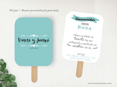 pai pai abanico personalizado para boda con letras modernas y colores aguamarina