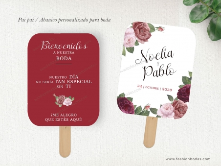 paipai abanico personalizado para boda con flores burdeos burgundy y letras modernas