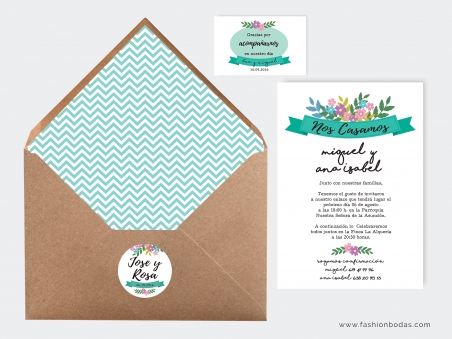 Invitación de boda CARTEL FLORAL CON FORRO CHEVRON agua marina