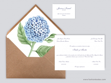 Invitación de boda clásica con flor de HORTENSIA azul