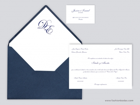 Invitaciones de boda clásicas tradicionales con forro azul marino liso