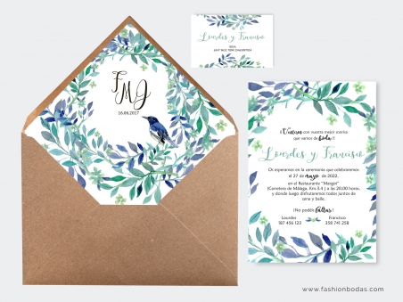 invitación de boda original azul y verde con PAJARITOS