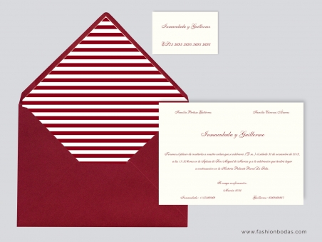 invitaciones de boda clásicas sencillas con sobre forrada a rayas granate burgundy