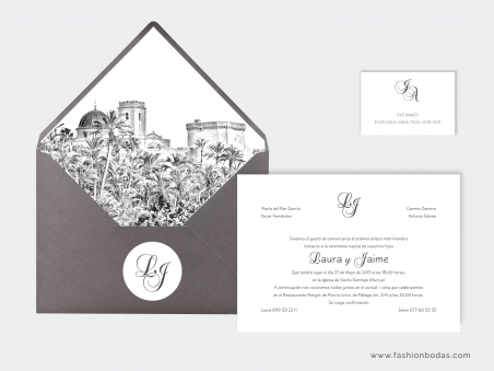 invitaciones de boda clásicas gris con sobre forrado efecto carboncillo muy elegante y original