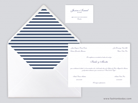 Invitaciones de boda clásicas y sencillas tradicionales con forro azul marino rayas marineras sencillas