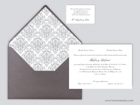 comprar Invitaciones de boda clásicas elegantes sencillas con sobre gris y forro bonito
