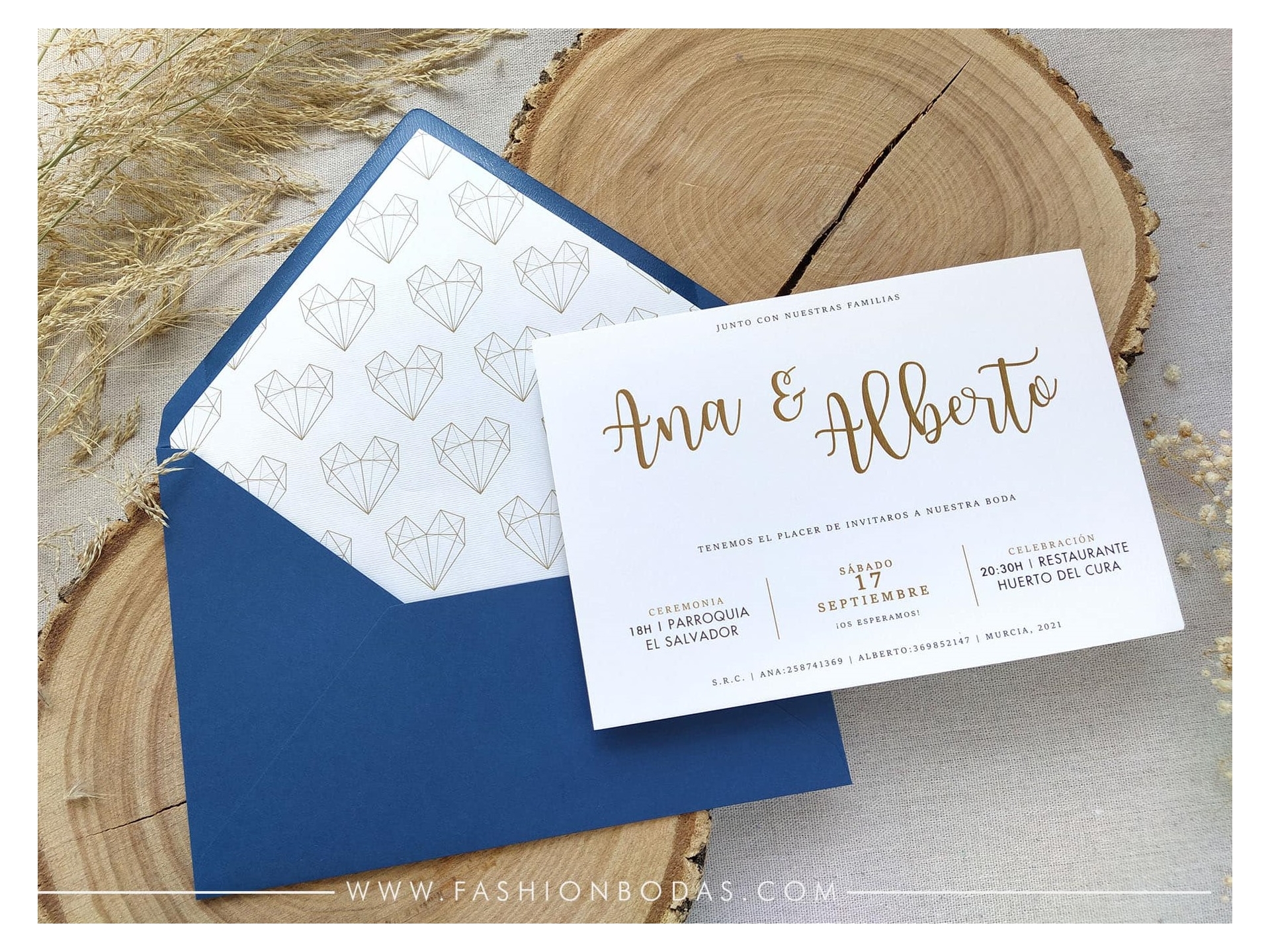 Invitaciones de boda clásicas DORADO | Fashion bodas Color Azul marino Sobre forrado Sobre sin forro (incluido en el precio) Tarjetas nº cuenta No Impresión Digital (+40€)