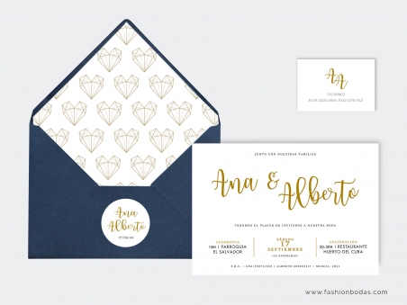 COMPRAR Invitaciones de boda clásicas y sencillas tradicionales con forro azul marino y dorado