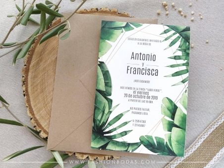 Invitaciones de boda naturales con hojas verdes de PALMERA y letras MODERNAS